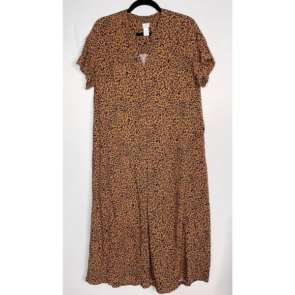 H&M Size 2 Brown Black Orange Leopard Print Button Front Dress Oversized Long - Picture 1 of 11